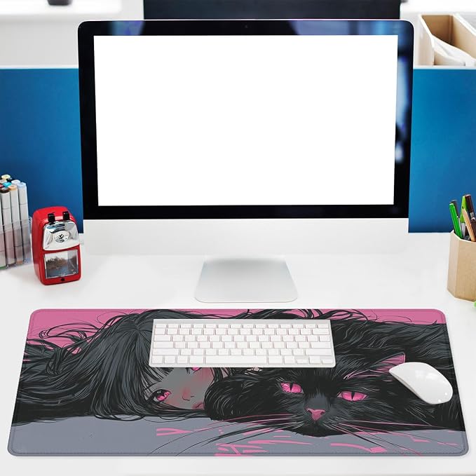 Anime Girl Desk Mat Gaming Mouse Pad Dark Hair Girl Black Cat XL Mousepad Large Mousepad Extended Laptop Keyboard Mat Gaming Desk Pad Mouse Mat Office Computer Keyboard 31.5"x11.8"