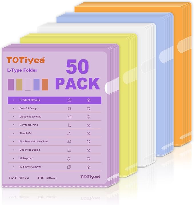 TOTiyea 50 Pack Clear Folder, 7Mil Plastic L-Type Folders, Clear Colored Copy Safe Project Pocket, Fits Letter Size 8.5x11 Paper, Assorted Colors