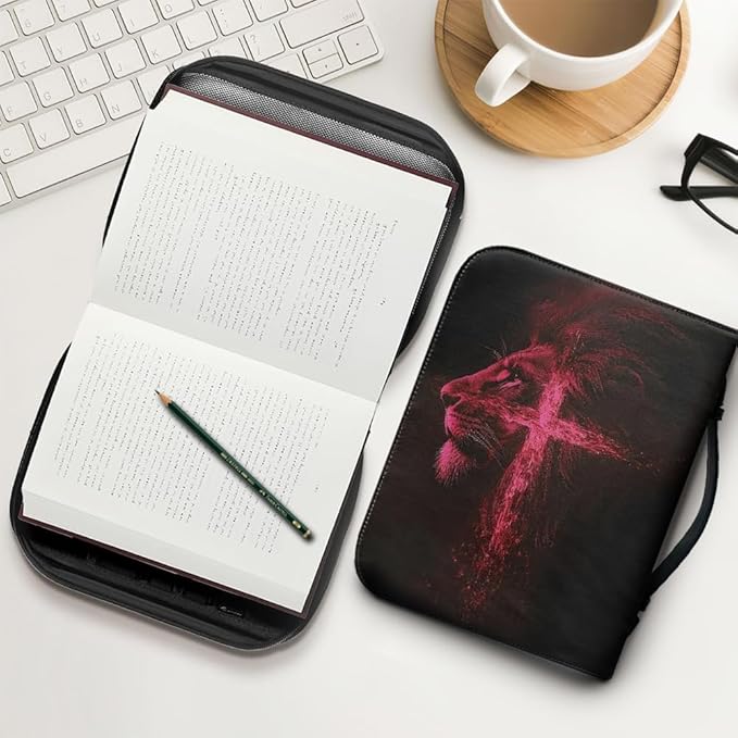 Bible Case with Handle and Zipper, Premium PU Leather Waterproof Bible Cover 11.2 x 8 x 2.2 Inches, Book Case for Standard Size Bibles with Pen Storage, Bible Accessories Gifts (Red Lion)