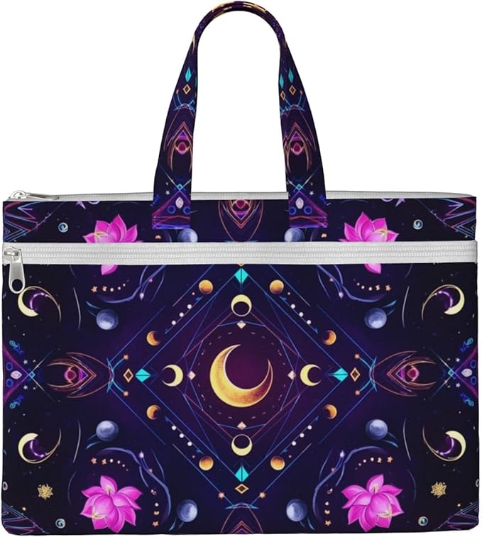 Double Pocket Canvas Waterproof Briefcase, Sacred Symbols Sun Moon Trippy Purple Art Portable Zipper File Organizer with Handle for Documents Storage
