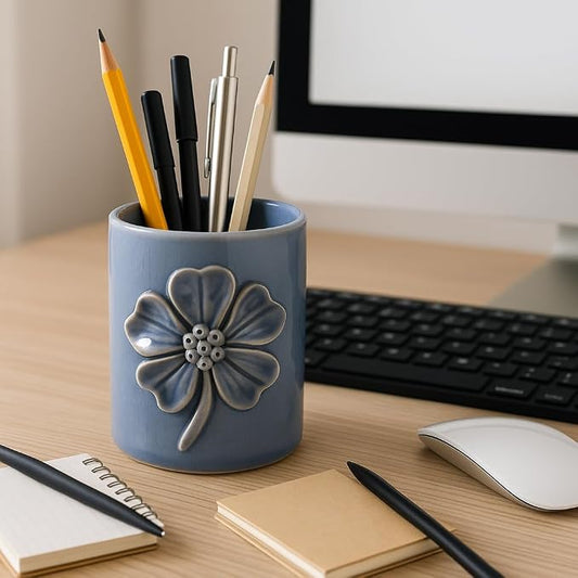 Floral Ceramic Desk Organizer for Workspace Decor - Unique Desktop Storage and Office Storage Accessory - Small Desk Cup Holder Complements Bedroom, Kitchen, Bathroom, or Home Decor - 4", Blue