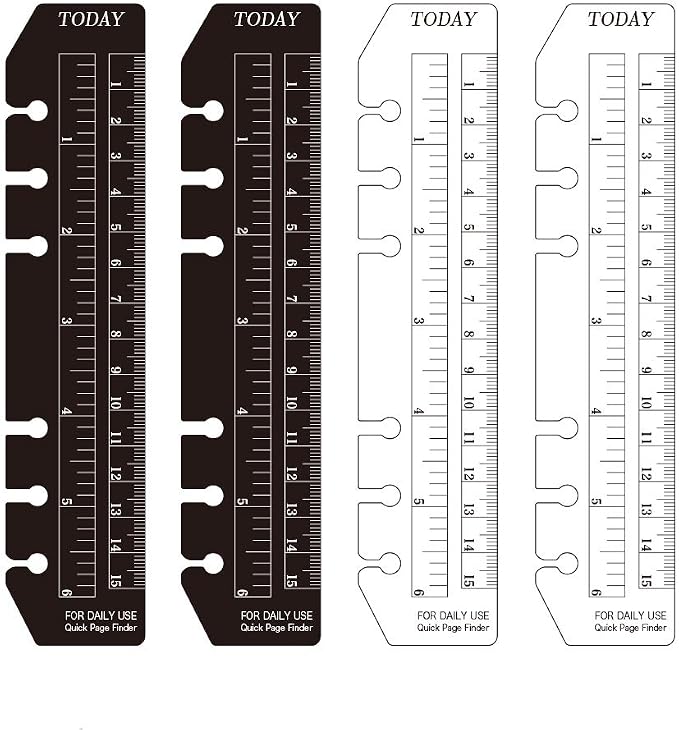 JKJF 4 Pcs Plastic Page Marker Snap-in Bookmark Ruler Binder Ruler for A6 Size 6-Hole Notebook Filler - Clear and Black