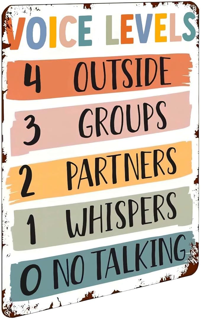 Voice Level Chart Classroom Decor Classroom Policies Classroom Rules Poster, Classroom Management Rainbow Boho Metal Tin Sign 12X16 Inch Plaque