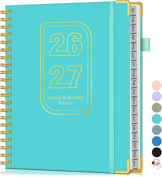 Planner 2026-2027, 18 Months Weekly and Monthly Hardcover Planner, January 2026 - June 2027, 8.5" x 11" A4 Large Daily Calendar Planner Book with Tabs, Spiral Yearly Agenda Organizer Notebook for School Work Home, Aquamarine