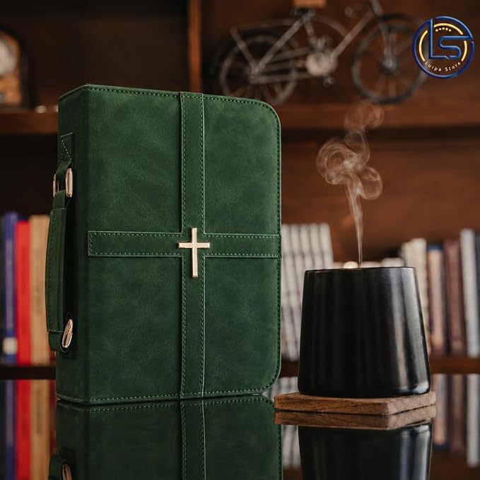 Bible Cover (U.S. Patent Pending), Discreet & Elegant Bible Case, Green PU Leather Bible Cover, Cross Design Bible Bags, Strong and Sturdy Book Case, Includes Premium Bookmark