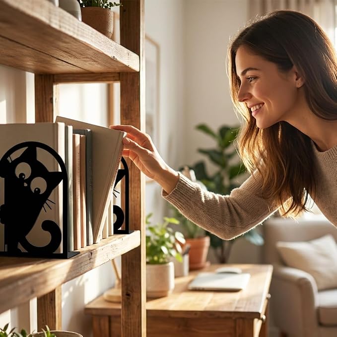 2Pcs Metal Bookends for Shelves, Unique Peeping Cat Book Ends Decorative for Heavy Books, Decorative Books Used on Desk, Shelf, Farmhouse for Small, Bookshelf Decor for Shelves Home