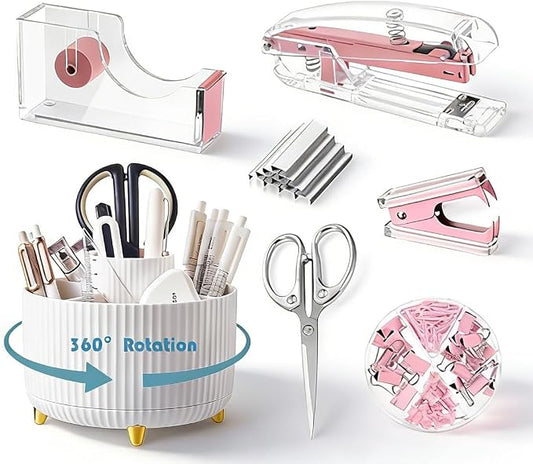 Gawsey Pink Desk Organizers and Accessories with Desk Organizer 360° Rotating Pen Holder and Office Supplies, Cute Stationery Supplies Set