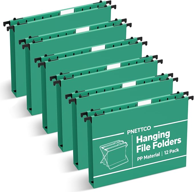 Extra Capacity Plastic Hanging File Folder, 12 Pack Reinforced Hang Folders Letter Size, Heavy Duty 1 Inch Expansion Filing Cabinet Folders, for Bulk Files, Medical Charts, Green