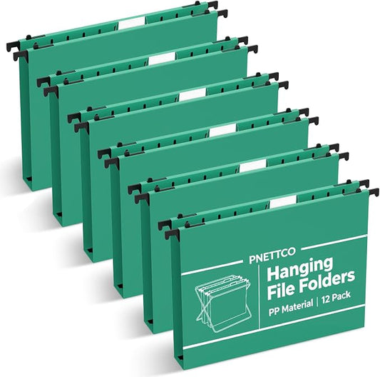 Extra Capacity Plastic Hanging File Folder, 12 Pack Reinforced Hang Folders Letter Size, Heavy Duty 1 Inch Expansion Filing Cabinet Folders, for Bulk Files, Medical Charts, Green