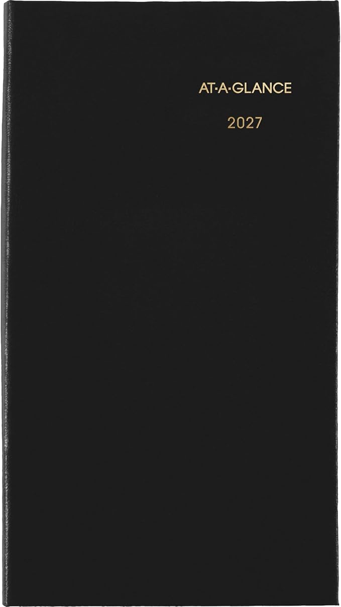 AT-A-GLANCE 2027 Planner, Weekly & Monthly, 3" x 6", Pocket Size Fine Diary, Faux Leather Hardcover, Black (72020527)