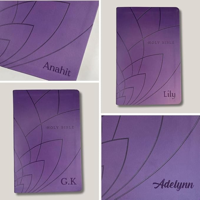 Personalized NLT Bible Faux Leather New Living Translation Bible Small Print Size with Petal Design | Custom with Name, Date or Text | Gift for Religious Celebrations | Purple