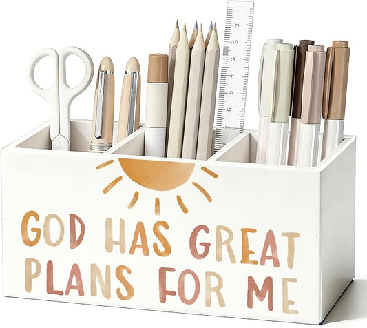 Boho Christian Kids Pen Pencil Holder for Desk, Boho Classroom Decor, God Has Great Plans for Me Bible Verse Wooden Box Sign Decorations for Kids Room Bedroom Playroom Desk Tabletop