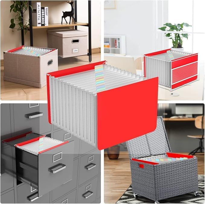 TOPCJ Plastic Expanding Hanging File Folders,12 Expandable Pockets,Multi Color Tabs,Hanging Folders for Filing Cabinet Letter Size,Office Supplies Manilla File Folders 8.5 X 11,Red