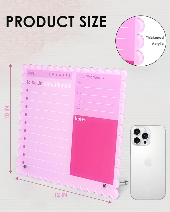 HAYVAN 12"x10" Acrylic Pink Dry Erase Board - Tabletop Whiteboard with 2 Markers, 2 Metal Stands & 1 Cleaning Cloth, 4mm Thick to-Do List Memo Board for Office, Home, School