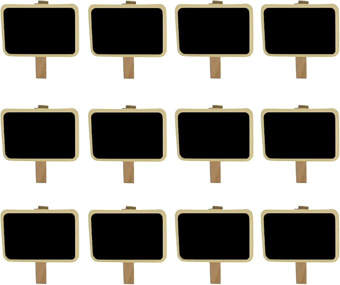 12 Mini Retangle Chalkboard Blackboard with Wooden Clip Message Board Signs and Labels Clips