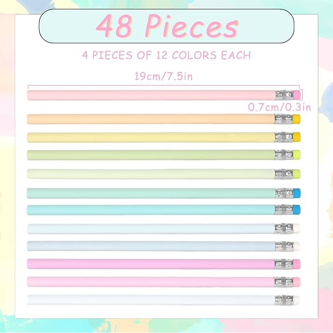 Whaline 48Pcs Colorful Pencils with Erasers Christmas Rainbow Color Wooden Pencil Unsharpened Writing Drawing Pencil for Xmas Party Supplies Stocking Stuffer Students Graduation Office Stationery Gift