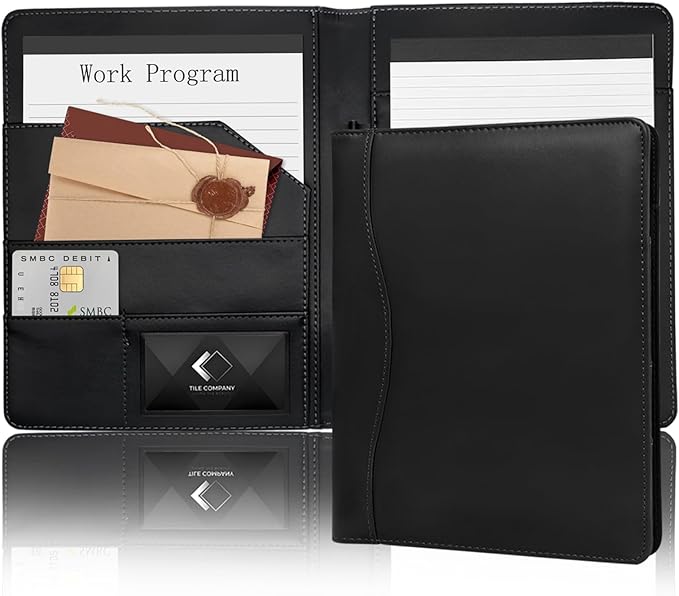 Leather Portfolio Binder 5 x 8, Mini Soft Leather Padfolio A5 Business Binder Legal Writing Pad Junior Size Document Organizer for Present Gift Kid Men Women Black