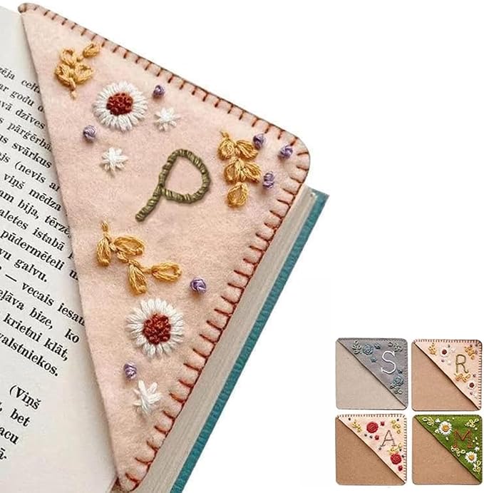 Personalized Hand Embroidered Corner Bookmark, 26 Letters Cute Flower Embroidered Corner Bookmark Embroidery Book Marker Clip for Book Lovers Bookmarks for Reading Lovers Meaningful GIF (Spring, P)