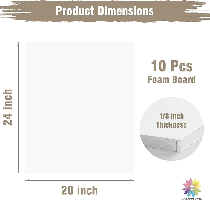 Mat Board Center, Pack of 10 Acid-Free Foam Boards, 20x24 inch White Foam Boards, 1/8" Thick