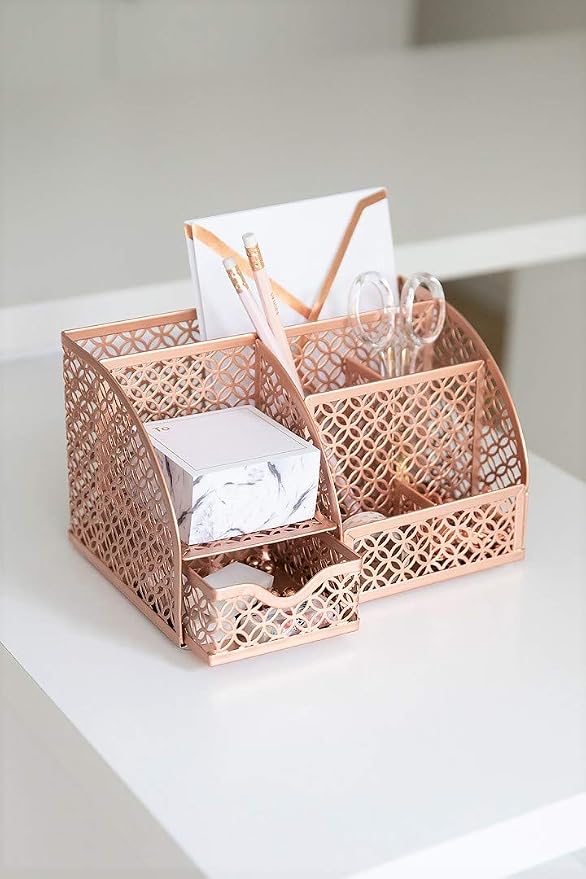 BLU MONACO Rose Gold Desk Organizer – Designer Metal with Rose Gold Finish, Storage for Paper & Office Supplies