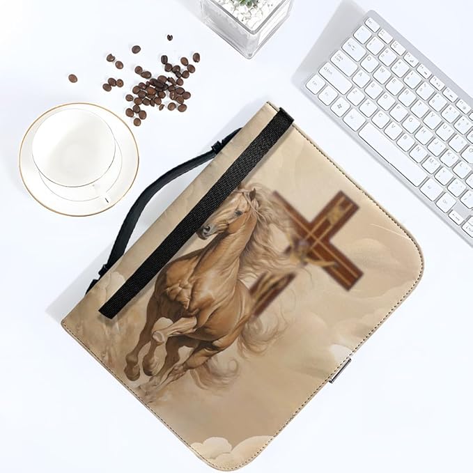Bible Case with Handle and Zipper, Premium PU Leather Waterproof Bible Cover 11.2 x 8 x 2.2 Inches, Book Case for Standard Size Bibles with Pen Storage, Bible Accessories Gifts (Horse)