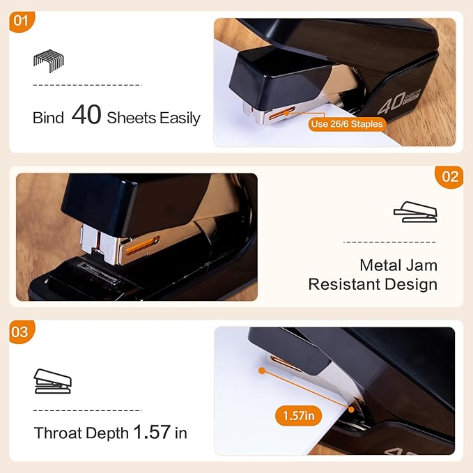Deli Stapler, Effortless Staplers for Desk, 40 Sheet Capacity Heavy Duty, One Touch, No Effort, Easy to Load,with 2000 Staples & Staple Remover, Good for Office, Home Use, Black (Pack of 2)