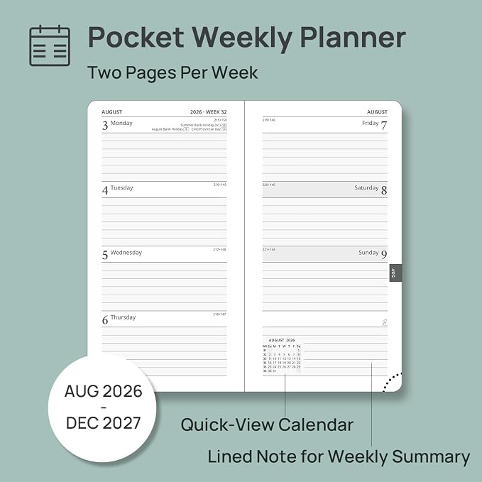 POPRUN Pocket Planner 2026-2027, Slim Size-3.5" x 6.5", 17 Month (Aug 2026 - Dec 2027) Academic Pocket Calendar for Purse, Small Weekly Appointment Book with Vegan Leather Hardcover - Navy Blue
