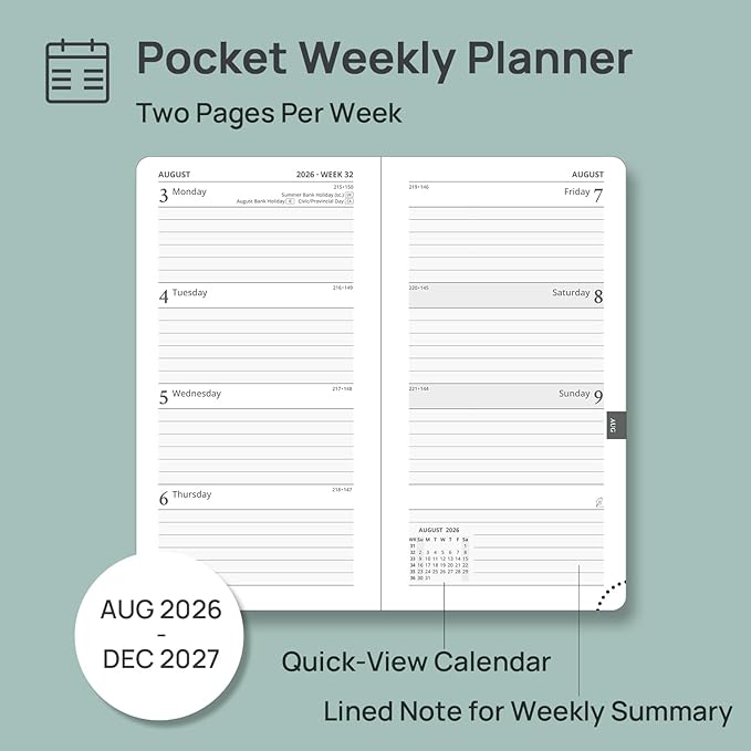POPRUN Pocket Planner 2026-2027, Slim Size-3.5" x 6.5", 17 Month (Aug 2026 - Dec 2027) Academic Pocket Calendar for Purse, Small Weekly Appointment Book with Vegan Leather Hardcover - Brown