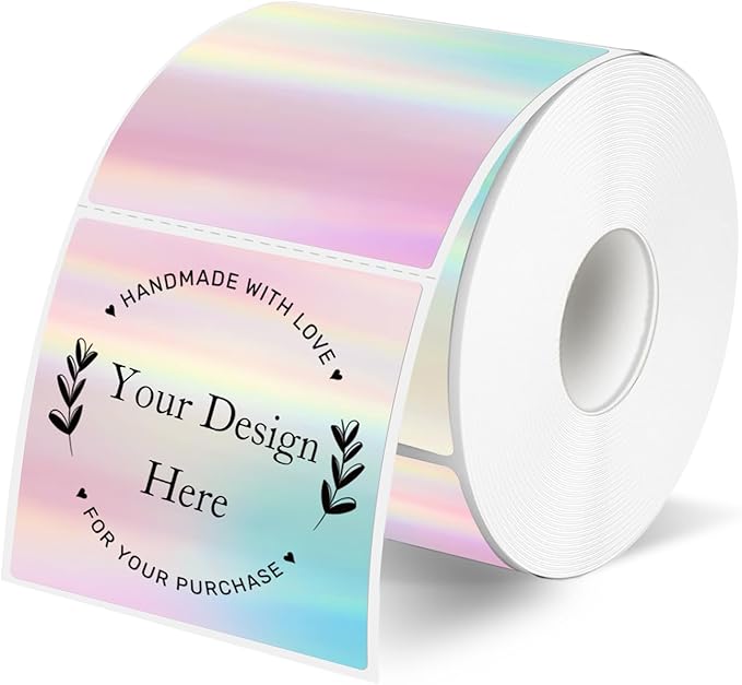 2x2 Inch Square Thermal Label Stickers, Holographic Square Direct Thermal Sticker Labels, Perforation Line Design- Holographic Rainbow Color