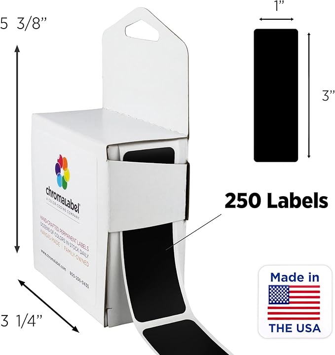 ChromaLabel 1 x 3 Inch All Purpose Permanent Color Code Rectangle Labels, 250 Labels per Dispenser Box, Black