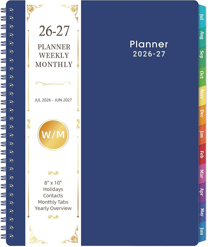 Planner 2026-2027 - Weekly and Monthly Planner 2026-2027 (Jul 2026 - Jun 2027), 8'' x 10'' with Monthly Tabs, 26-27 Calendar Planner, Twin-Wire Binding, Thick Paper, Flexible Cover - Deep Blue