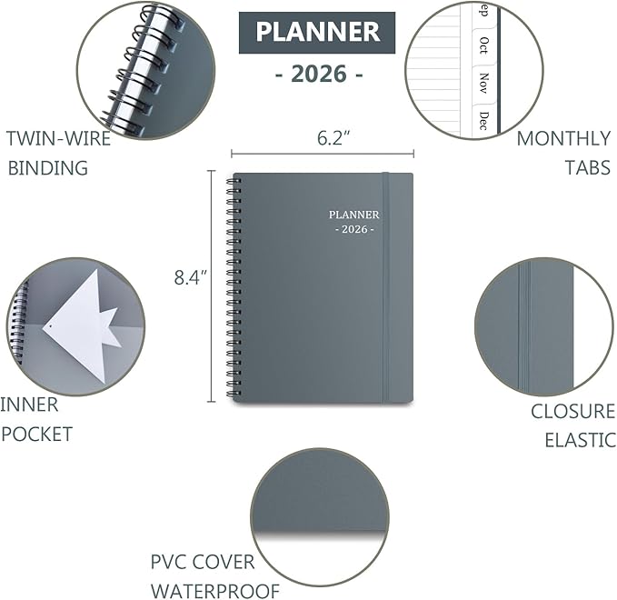 Tiankool Planner 2026, Jan 2026 - Dec 2026 Weekly Monthly Planner with 12 Monthly Tabs and Elastic Closure, Inner Pocket, Round Corner,5.8" x 8.25"- Grey