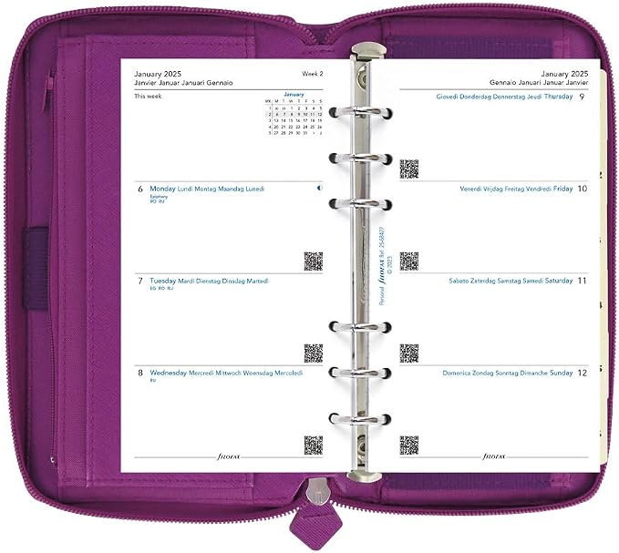Filofax Saffiano Zip Organizer, Personal Compact Size, Rasperry - Cross-Grain, Leather-Look, Six Rings, Week-to-View Calendar Diary, Multilingual, 2025 (C022535-25)