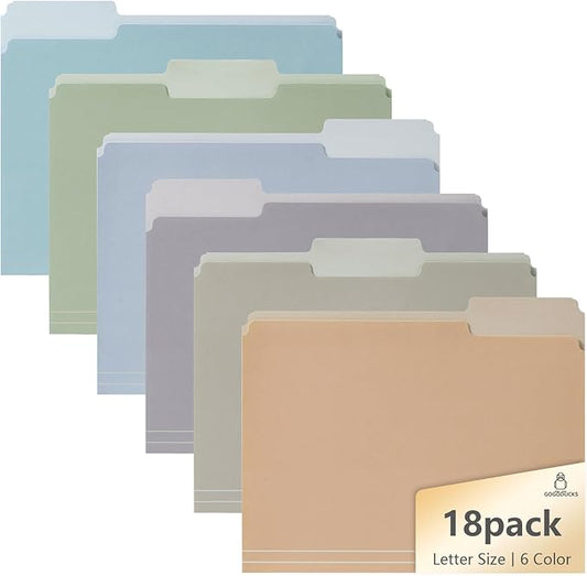 18pcs File Folders, Letter Size, 6 Color Assorted Two-Tone, Pastel, Manilla folders 8.5 x 11, for documents, Colored folders, 3 Tab Position,Filing Cabinet, carpetas para documentos, Paper