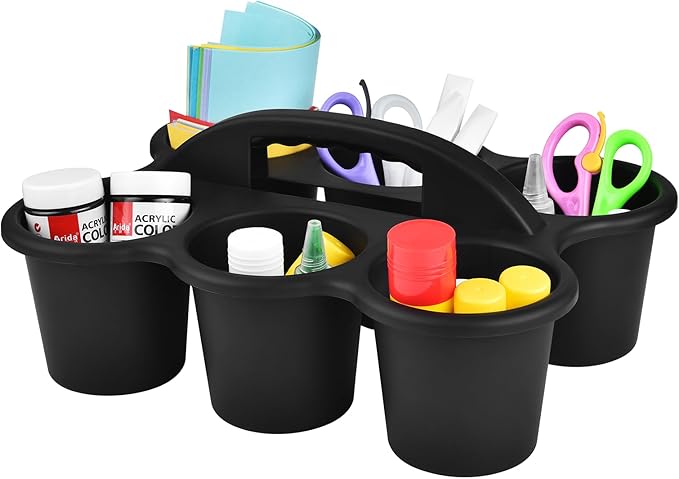 ALINK 6 Pack Classroom Caddy Storage Basket with Handle, Plastic Drink Cup Caddy Holder, 6 Compartments for Kids, Table, Office, Arts, Crafts, Crayon, Marker, Pencil, School Supplies - Black