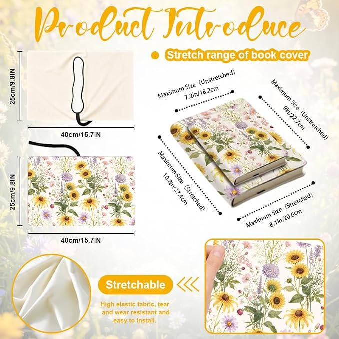 Wildflowers Patern Stretchable Book Cover 15.7"x9.8", Elastic Washable Book Protector for Hardcover Textbooks Paperbacks, Reusable Polyester Book Sleeve for Women
