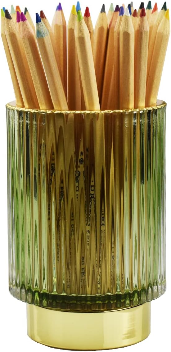 Thick Glass Pen Pot Cute Decorative Pencil Holder Cup for Desk Makeup Brush Holder for Home Office (Green)