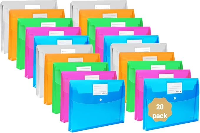 20 Pack Plastic Envelopes with Snap Closure,Poly Expandable File Folder with Label Pocket,Clear Folders Documents,A4 Letter Size(13"×9.5") for Office School Home Work,Assorted Colors