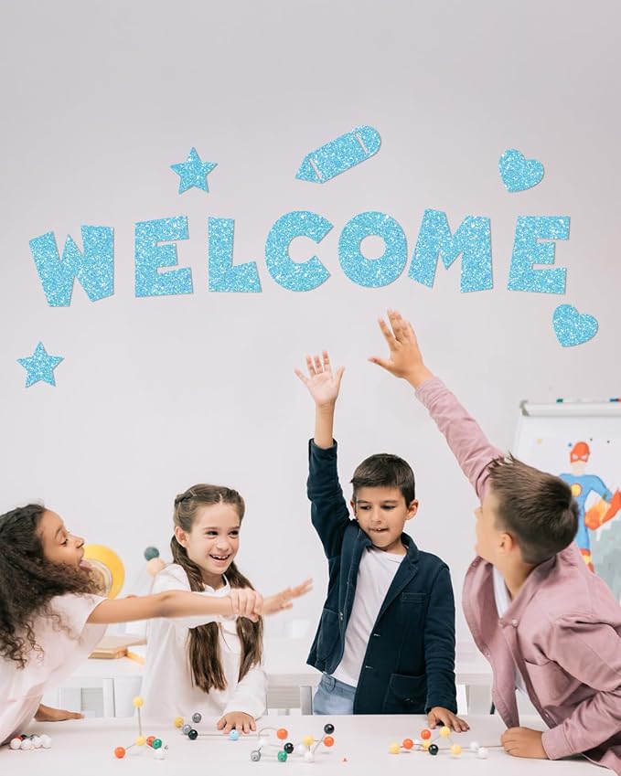 243 Pcs Glitter Bulletin Board Letters Set, 4 Inch Alphabet Poster Board Cardboard Cutouts with Numbers and Punctuation, Classroom School Wall Display Decorations (Light Blue)