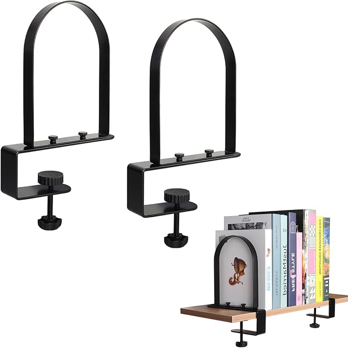 WOMACO Book Ends for Heavy Books, Heavy Duty Bookend for Shelves, Super Steady Clamp-On Non-Skid Metal Book Shelves Holders Stoppers for CDs, Vinyl Records (Black, 1 Pair)