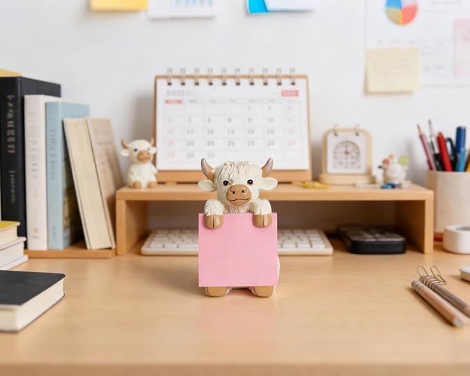 Highland Cow Pop-Up Sticky Note Dispenser with 100 Sheets 3 x 3 Inch Notes, Handmade Resin Highland Cow Desk Decor for Office, Home & Classroom, Gift for Teachers & Coworkers - Beige
