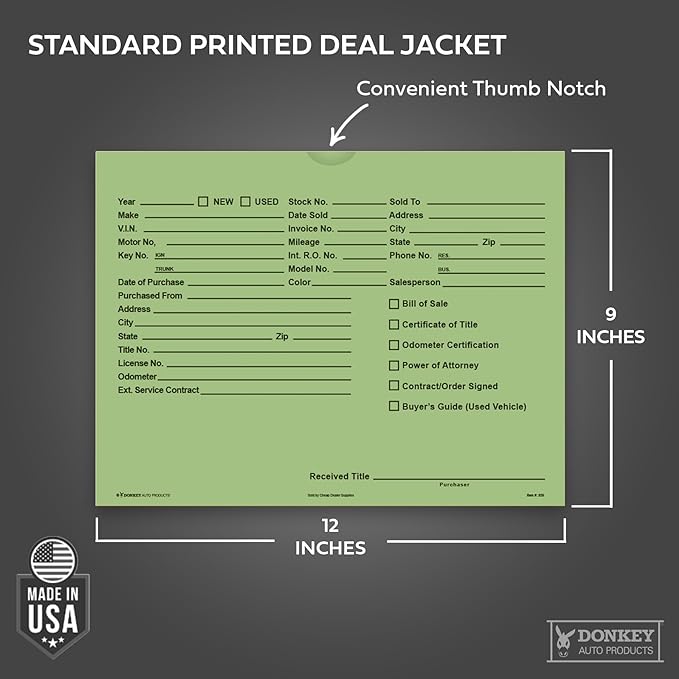 Printed Vehicle Deal Envelopes 9x12 Deal Jackets (100 shrink wrapped) (Green)