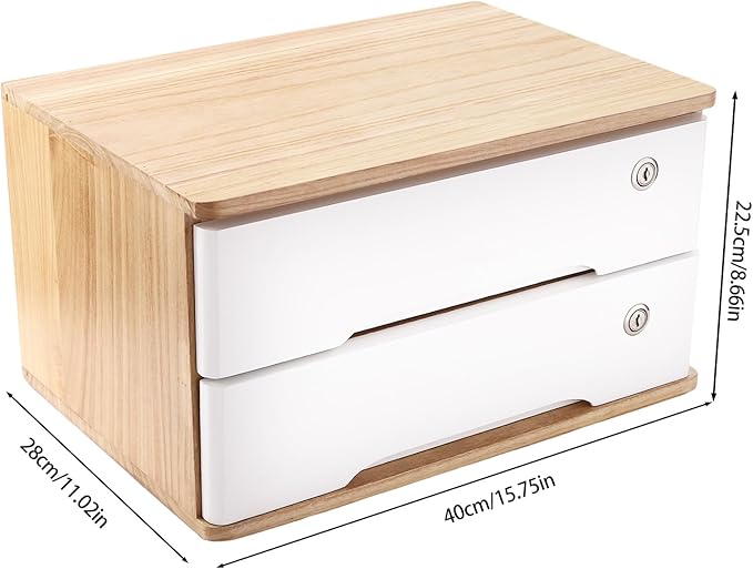 2 Drawers Wooden Desktop Storage Box,Small File Cabinet with Locks,Office Supplies A4 Filing Organizer for School,Classroom,Wood Color,White