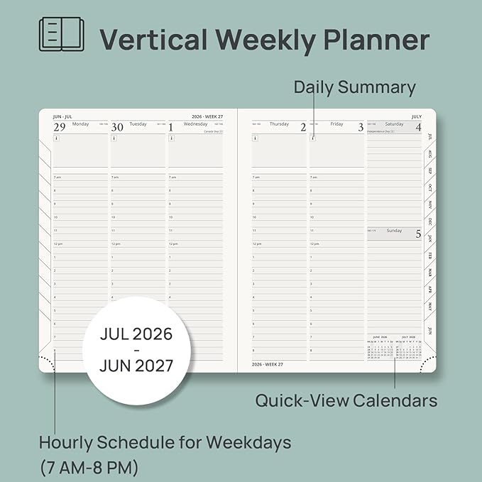 POPRUN Planner 2026-2027, 6.5" x 8.5", Academic Planner 2026-2027 Weekly and Monthly (July 26-June 27) Hourly Appointment Book with Inner Pockets, Leather Soft Cover, 100GSM - Navy Blue