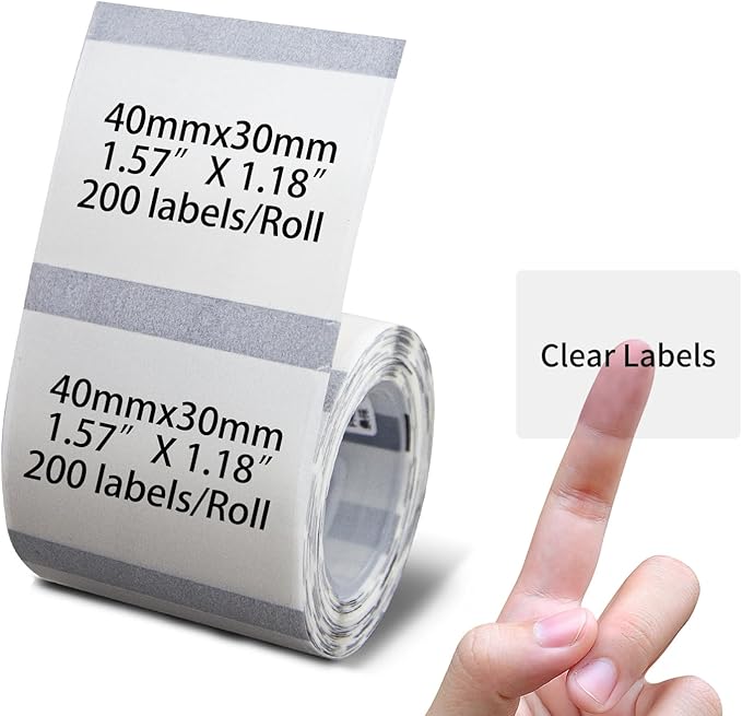 PUQU 40x30mm Transparent Direct Thermal Sticker Labels, Label Printer Self-Adhesive All-Purpose Rectangular Label Maker Tape, Refills Standard Laminated Office Labeling, 1 Roll of 200 Labels