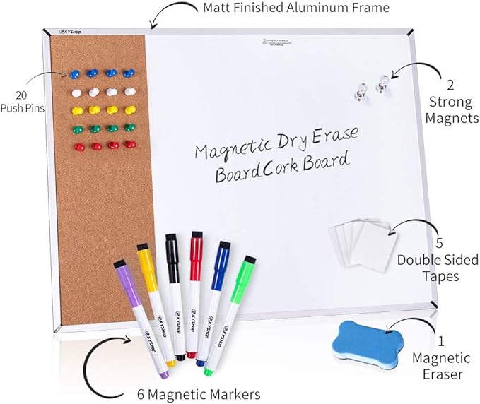 White Board & Cork Bulletin Board, 24" X 18", Combination Dry Erase Board & Cork Board, Vision Board for Home, Office, School - Includes 6 Magnetic Markers, 1 Eraser, 2 Strong Magnets and 10 Pins.…