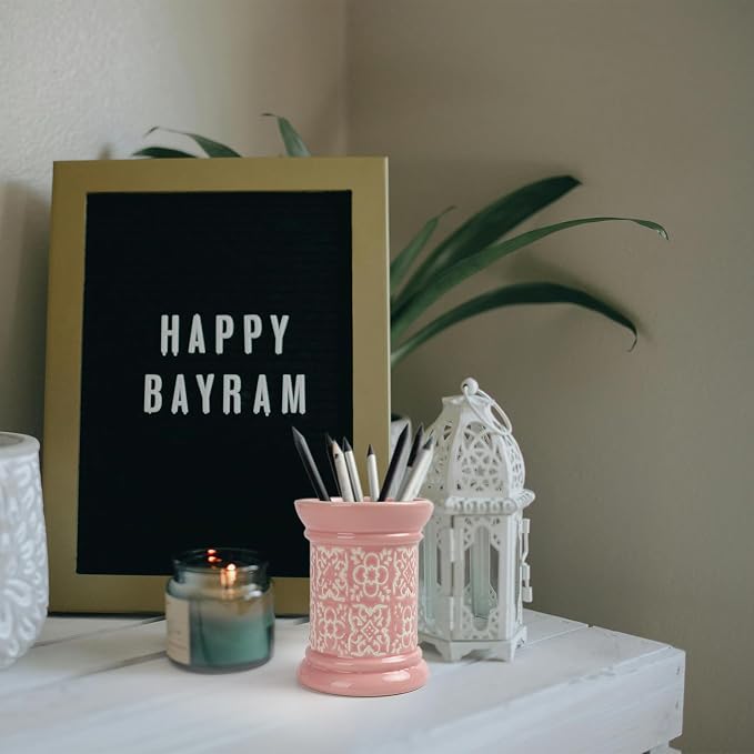 Printed Pencil Holder, Cute Pen Holder for Desk, Ceramic Carved Cylinder Pencil Holder, Office Decoration Container Islamic Style(Pink)