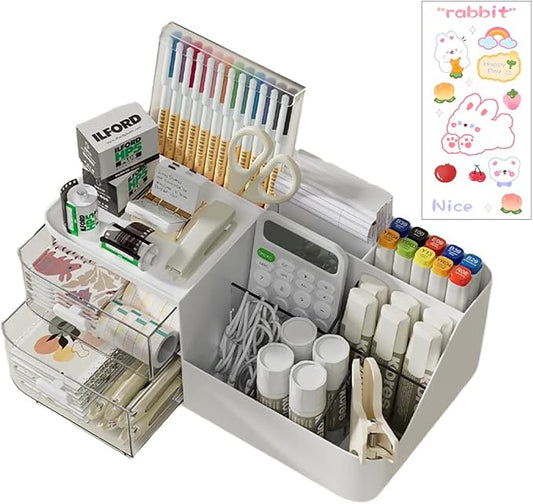 Drawer Organizers Accessories with 7 Compartments and 2 Drawers, Large Capacity Cosmetic Display Case, Pen Holder, Art Supply Storage Box Caddy for Office School and Home