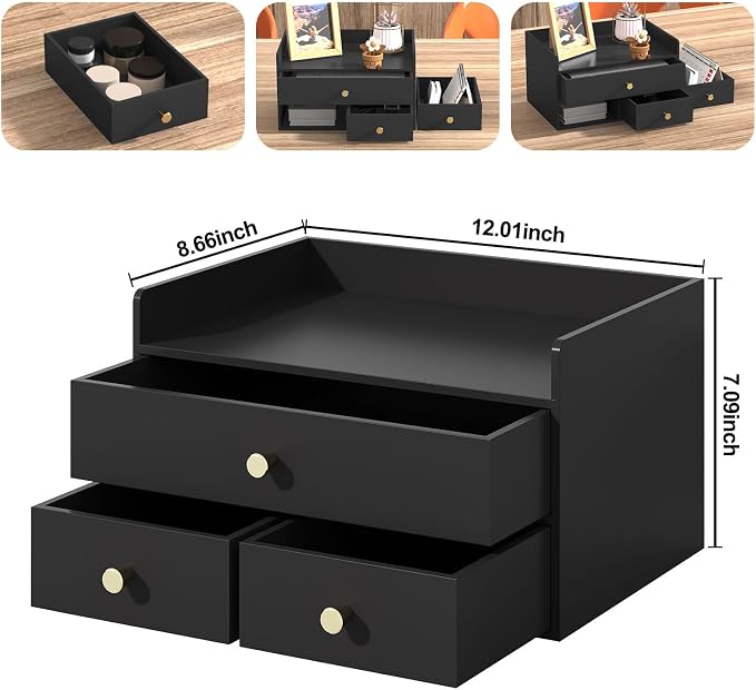 Bamboo Desk Organizer with Drawers Wooden Desktop Storage Organization Box for Bills Office Supplies Kitchen Utensils Organizing Tool for Home Classroom Vanity, No Assembly Required (3 Drawers, Black)