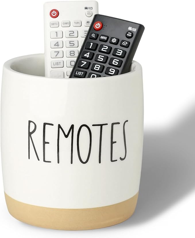 LEETOYI Ceramic Remote Caddy Storage, 4.8 Inch Remote Control Holder, Farmhouse Organizer for Pen Holder, Makeup Brush Holder, Office Supplies, White/Brown